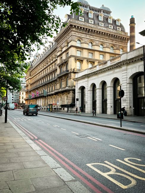 Image of a city street with a historic multi-story building featuring ornate architectural details, large arched windows, and a decorative rooftop. The street includes a designated bus lane marked with 'BUS' in yellow, and is lined with a sidewalk, trees, and traffic signs. A few vehicles are seen driving along the road, and pedestrians are walking on the sidewalk. The scene is well-lit with natural daylight, highlighting the building’s stone facade and the clean, orderly appearance of the urban environment. This setting reflects a typical commercial area where professional cleaning services by Carpet Cleaners Knightsbridge can assist in maintaining cleanliness and hygiene of such high-traffic buildings and surroundings.